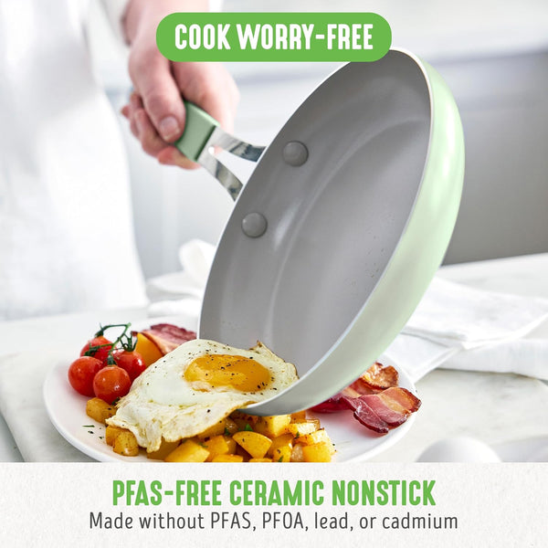 10-Piece Nonstick Ceramic Cookware Set, Lightweight Healthy Pfas-Free Pots & Pans with Lids, Dishwasher & Oven Safe, Durable Body, Silicone Stay-Cool Handles, Easy Release, Sage Green2