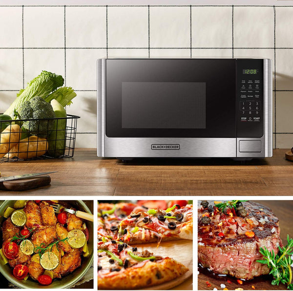 BLACK+DECKER Countertop Microwave Oven, 0.9 Cu.Ft, 900W, Stainless Steel | 10 Power Levels, Push-Button Door, Child Safety Lock, Countertop, 6 Auto Cook Presets3