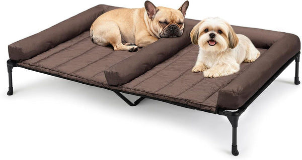 Veehoo Elevated Dog Bed for 2 Dogs, Cooling Raised Dog Bed with Bolster Mat | Outdoor Double Dog Bed with Removable Waterproof Cushion, Breathable Mesh, Non-Slip Feet for Outdoor & Indoor, 49", Brown1