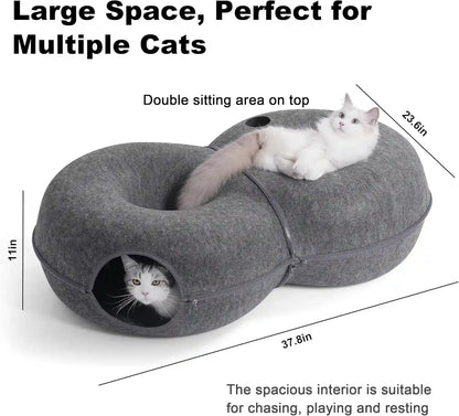 8-Shaped Large Cat Tunnel Bed for Indoor Cats, Infinite Circulation Peekaboo Cat Cave with 12 Toy Balls, Cat Donut Tunnel for Cats up to 30 Pounds (Dark Grey, L 38X24X11In)2