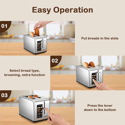 2 Slice Toaster Touch Screen 1.5" Wide Slot, Stainless Steel Smart Bread Toaster for Bagel Muffin Waffle Gluten Free Breads, Timer, Defrost, Reheat, 120V 825W6