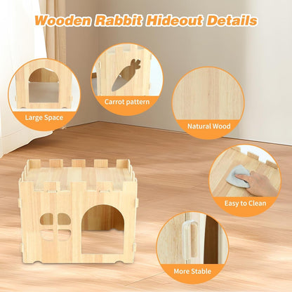 BWOGUE Large Wooden Bunny Hideout,Detachable Rabbit Castle for Small Animal | Wooden Rabbit Hideout, Wooden Rabbit Hideaway, Bunny Houses and Hideouts, Two Doors, 2-Story Play & Rest, Indoor Rabbit4