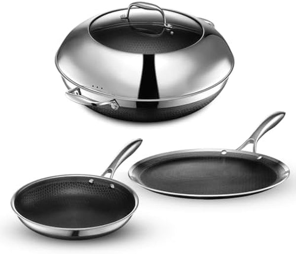 Hexclad Hybrid Nonstick 4-Piece Cookware Set, 14" Wok with Lid, 12" Griddle, and 10" Pan, Stay-Cool Handles, Dishwasher and Oven-Safe, Induction Ready, Compatible with All Cooktops1