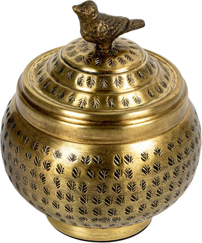 Round Hammered Metal Container with Bird Finial, Brass Finish1
