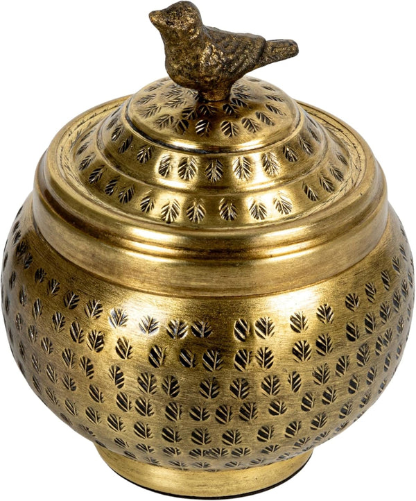 Round Hammered Metal Container with Bird Finial, Brass Finish1