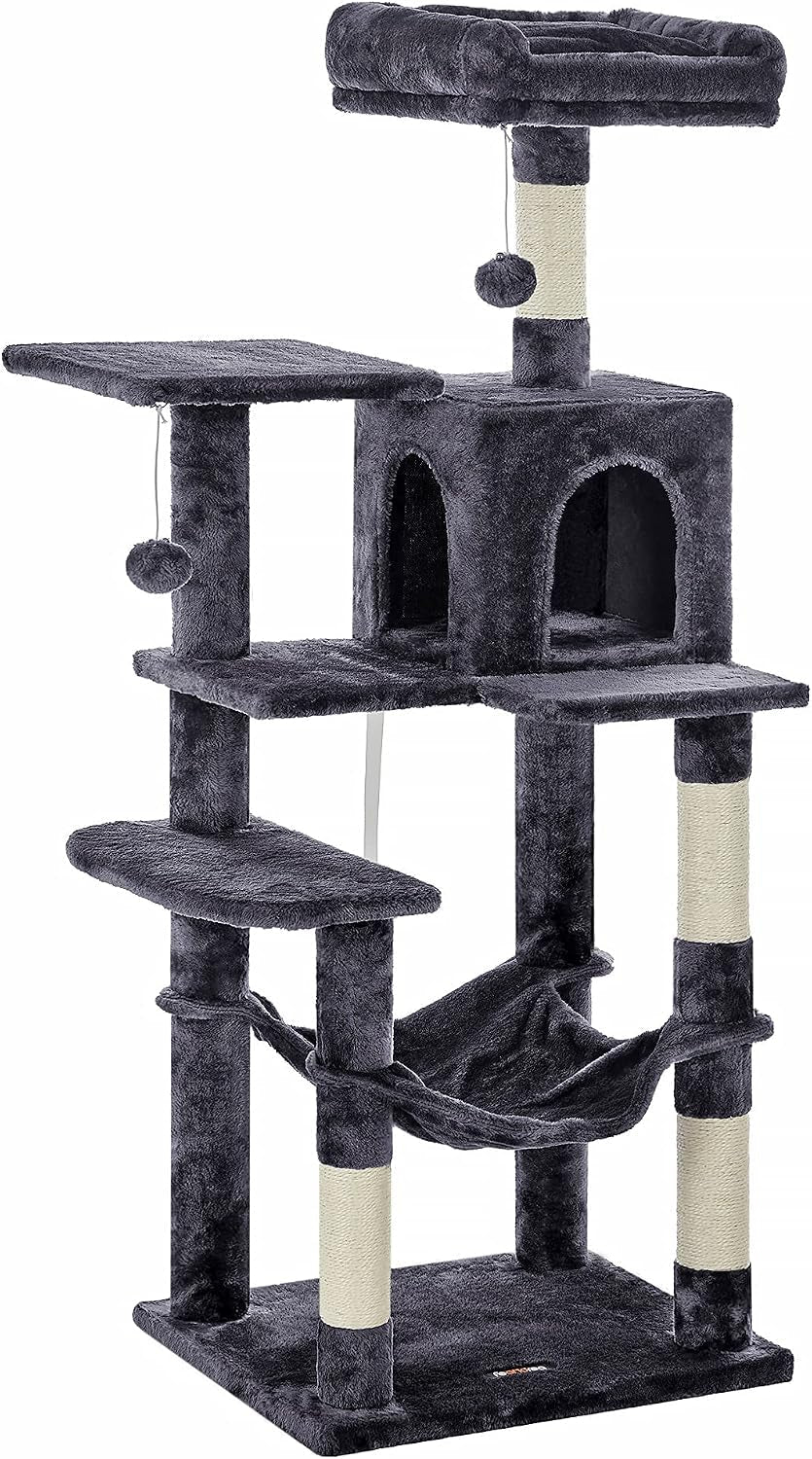 feandrea-cat-tree-59-5-inch-tall-cat-tower-plush-multi-level-condo-with-5-scratching-posts-2-perches-2-caves-hammock-2-pompoms-light-gray-upct192w01
