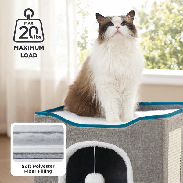 Bedsure Cat House Bed for Indoor Cats with Fluffy Ball and Scratch Pad,Grey | 16.5X16.5X13 In,Large Cat Cave for Multiple Pets,Foldable Cat Hideway Cube for Sleeping Kitten5