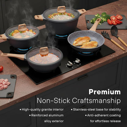 10Pcs Pots and Pans Set Nonstick with Wood Handles, Granite Cookware Set, Frying Pan, Saucepan and 3 Cooking Utensils7