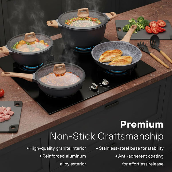 10Pcs Pots and Pans Set Nonstick with Wood Handles, Granite Cookware Set, Frying Pan, Saucepan and 3 Cooking Utensils7