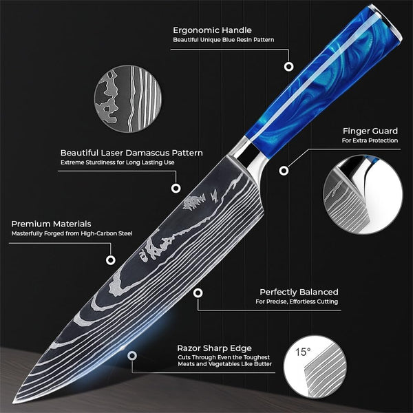 SENKEN 16-Piece Knife Block Set - Japanese High Carbon Stainless Steel with Damascus Pattern, Blue Resin Handles, 6 Steak Knives & Acacia Hardwood Block (Blue)5