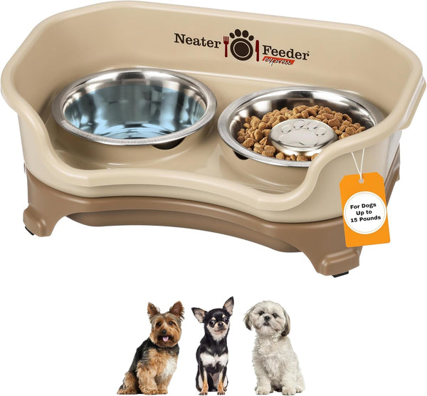 Neater Feeder Express Mess Proof Dog Bowls Elevated for Small Breeds under 15 Lb, Made in USA, No Spill Raised Dog Food Bowl Stand, Stainless Steel Food and Water Bowl Set, Feeding Station, Cappuccino27