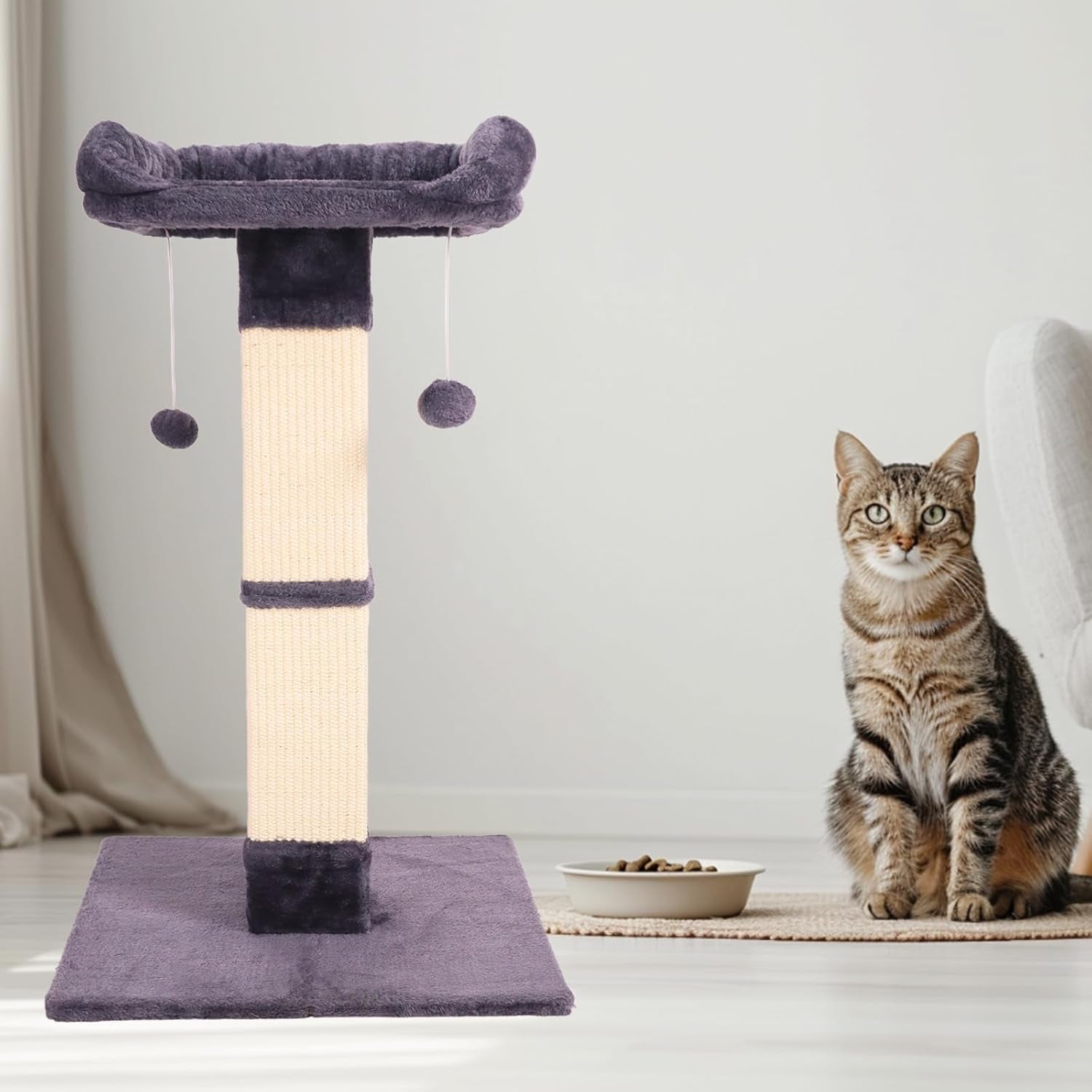 34-cat-scratching-post-for-indoor-cats-sisal-cat-scratcher-with-large-plush-perch-vertical-posts-with-elevated-bed-and-with-two-dangling-balls-removable-washable-cover-dark-grey