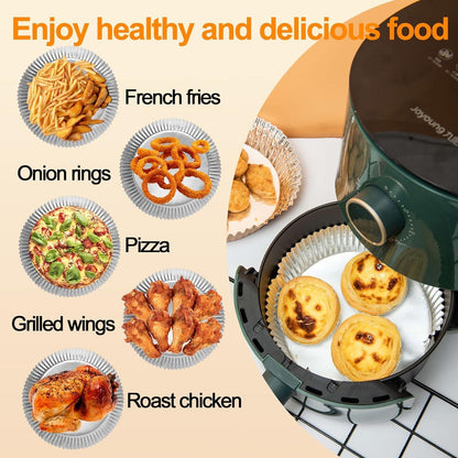 100Pcs Aluminum Foil Air Fryer Liners, Air Fryer Disposable Paper Liner | 6.3” Oil-Proof Water-Proof Sheets, Non-Stick Food Grade Aluminum Foil for Baking, Frying, Grilling, Roasting Microwave4