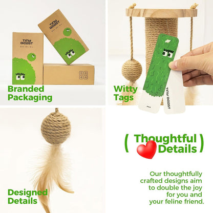 TINYBEAST Wooden Cat Scratching Post Fot Kittens, 4 in 1 Cat Scratcher Toy with Cat Ball Tracks, 18" Tall Sisal Scratch Post for Indoor Kittens, Interactive Feather Toy and 2 Sisal Hanging Balls7
