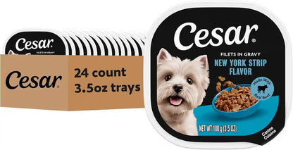Cesar Filets in Gravy Wet Dog Food, Filet Mignon Flavor, 3.5 Oz, 24 Count | Real Beef, Easy to Digest, No Fillers, No Added Sugar, No Artificial Flavors, Slow-Cooked Tender Texture, Easy Peel Trays16