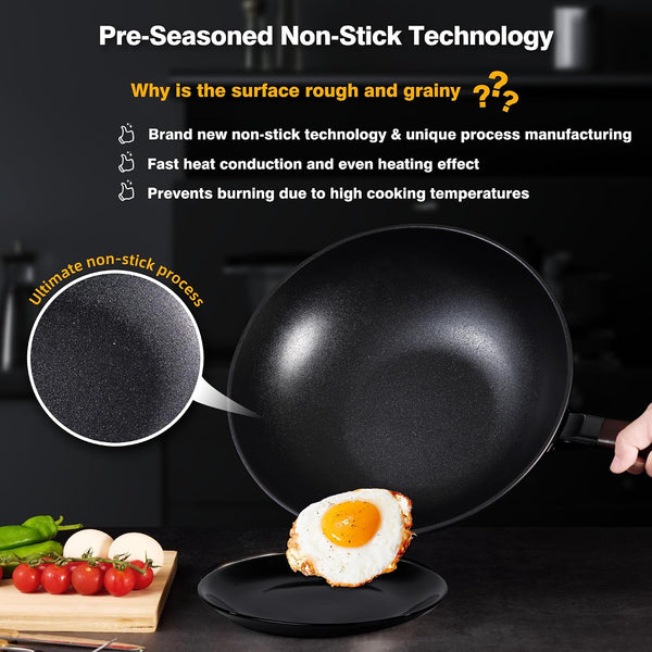 2 PCS Carbon Steel Wok -13 Inch Woks & Stir-Fry Pans Nonstick, Wok Pan with Glass Lid Spatula and Dish Brush: Pre-Seasoned Flat Bottom Chinese Wok for Induction, Electric, Gas, All Stoves3