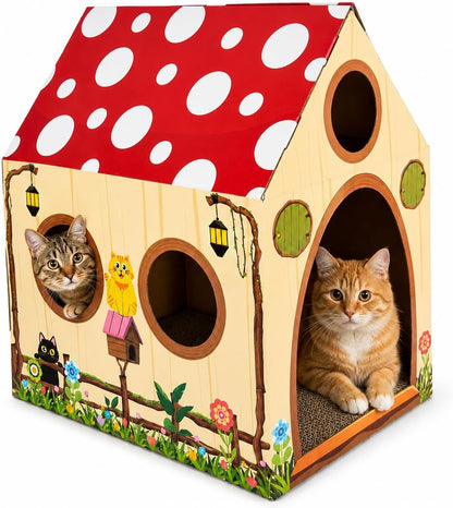 Cinrobiye Cardboard Cat House with Scratcher, Indoor Cat Condo Cat Cave Hideout with Scratch Pad, Cardboard Cat Playhouse Bed for Cats, Kittens, Rabbits & Small Pets (Mushroom)1