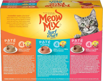 Meow Mix Paté in Gravy Surf N’ Turf Patés Variety Pack, Wet Cat Food, 2.75 Oz Cup, 12 Pack3