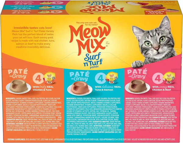 Meow Mix Paté in Gravy Surf N’ Turf Patés Variety Pack, Wet Cat Food, 2.75 Oz Cup, 12 Pack3