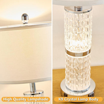Crystal Table Lamps Bedside for Living Room Bedroom with USB Ports | 3-Way Dimmable Touch Control, Night Light for Nightstand Bedside Lamp, AC Outlets, White Fabric Shade, 27In Morden Lamp5