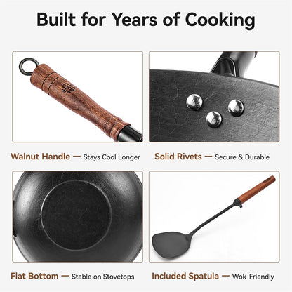 12.6 Inch Cast Iron Wok Pan with Wood Lid, Uncoated Flat Bottom Chinese Stir Fry Pan, Heavy Duty Wok for Induction, Gas and Electric Stoves6
