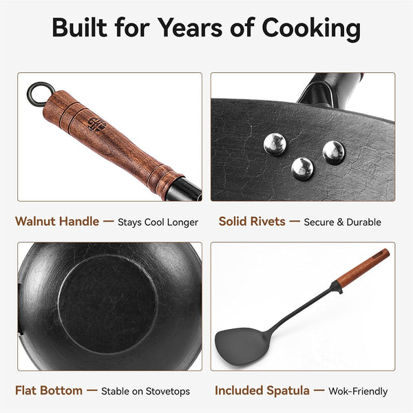12.6 Inch Cast Iron Wok Pan with Wood Lid, Uncoated Flat Bottom Chinese Stir Fry Pan, Heavy Duty Wok for Induction, Gas and Electric Stoves6