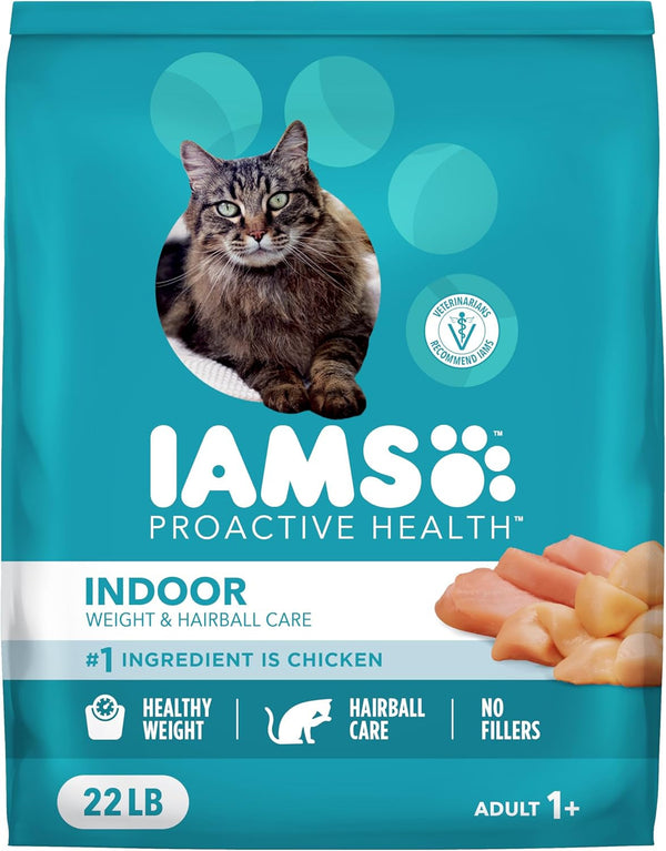IAMS Proactive Health Indoor Dry Cat Food, Chicken & Turkey, 22 Lb | Vet-Recommended, Real Chicken #1 Ingredient, Proprietary Fiber Blend, Prebiotics for Healthy Digestion, Hairball Control1