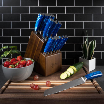 SENKEN 16-Piece Knife Block Set - Japanese High Carbon Stainless Steel with Damascus Pattern, Blue Resin Handles, 6 Steak Knives & Acacia Hardwood Block (Blue)7