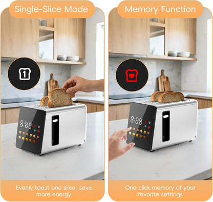 Smart Touchscreen 2 Slice Toaster, Wide Slot, Memory & Single-Slot | Digital Timer, Extra Wide Slot for Bagels, 6 Shade Levels & 6 Bread Settings, Reheat, Defrost, Favorite,Platinum4