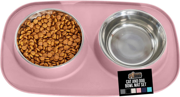 GORILLA GRIP Patented Dog Bowl Set with Slip Resistant Silicone Feeding Mat, Food Grade 304 Stainless Steel Bowls, BPA Free High Edge Spill Containment Dishwasher Safe, Finger Notch Removal 2 Cup Gray14
