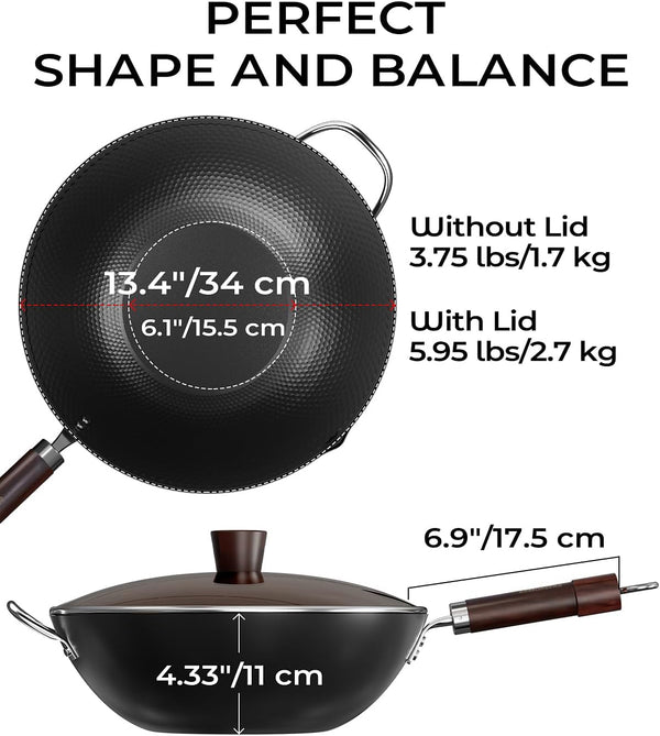 Carbon Steel Wok Pan, Tripole Nitrided Pre-Seasoned Flat Bottom Woks & Stir-Fry Pans Nonstick, Chinese Wok with Glass Lid for All Stovetops, Gift for Chef - 13.4 Inch6