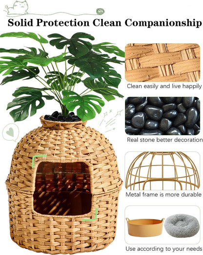 SETVSON Cat Litter Box Plant Furniture Enclosure, Rattan PE House, Natural | Decorative Planter Design, Removable Top for Easy Cleaning, Includes Artificial Plants, Real Stones, 20 X 20 Inches3