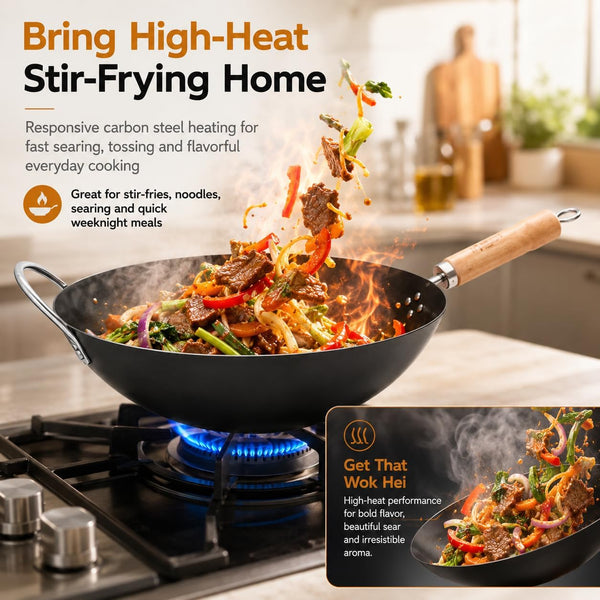 12.6 Inch Carbon Steel Wok with Lid, Flat Bottom Wok Pan for Induction, Electric and Gas Stoves, Uncoated Chinese Stir Fry Pan with Wooden Handle3