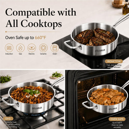 Tri-Ply Stainless Steel Frying Pan,12 Inch Skillet with Lid,6 Quart Saute Pan,Compatible with All Cooktops,Oven up to 660℉,Chicken Fryer,Dishwasher-Friendly6