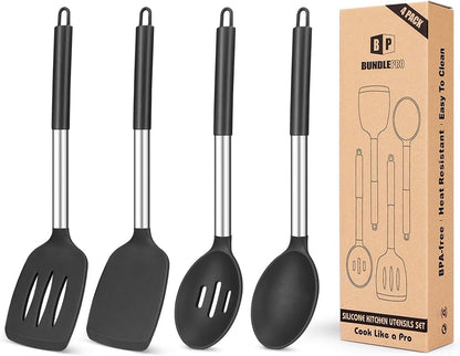 Pack of 4 Silicone Cooking Utensils Set, Non Stick Large Solid Spatulas, Heat Resistant Black Slotted Spoons, Ideal BPA Free Kitchen Turners for Frying, Mixing,Serving,Draining,Turning,Stirring1