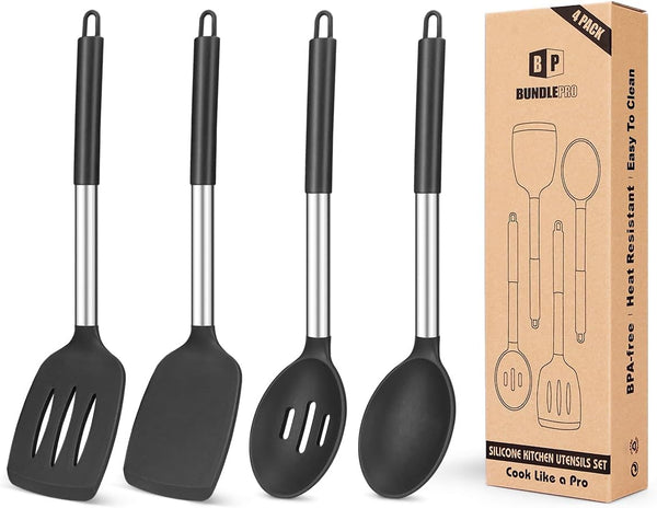 Pack of 4 Silicone Cooking Utensils Set, Non Stick Large Solid Spatulas, Heat Resistant Black Slotted Spoons, Ideal BPA Free Kitchen Turners for Frying, Mixing,Serving,Draining,Turning,Stirring1