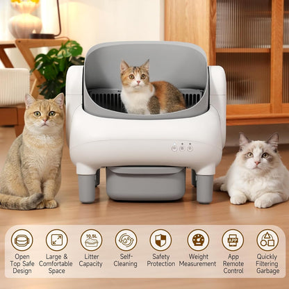 Automatic Cat Litter Box,Self Cleaning Litter Box for Multiple Cats with Open Top Design,App Control and Safety Protection,Ultra-Quiet,Easy Setup,Light Gray3