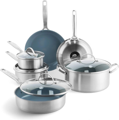 Treviso 10 Piece Cookware Set, Non-Toxic Pfas-Free Stainless Steel Ceramic Nonstick Coating, Induction Suitable, Pots, Pans Lids, Sauté & Saucepans, Multi Clad, Dishwasher & Oven Safe1