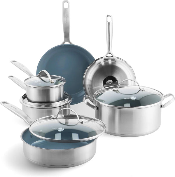 Treviso 10 Piece Cookware Set, Non-Toxic Pfas-Free Stainless Steel Ceramic Nonstick Coating, Induction Suitable, Pots, Pans Lids, Sauté & Saucepans, Multi Clad, Dishwasher & Oven Safe1