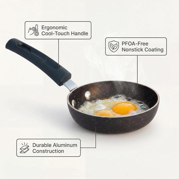 5 Inch Mini Frying Pan Skillet (3.5-Inch Cookable Surface Area), Nonstick Aluminum Egg Pan for Single Eggs, Omelets and Breakfast, Compact Stovetop Cookware for Gas, Electric and Camping Use3