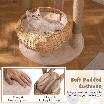 PETSITE 65-Inch Cattail Cat Tree Tower, Multi-Level Cat Tower with Natural Jute Scratching Posts, Cat Bed, Top Perch, Dangling Balls and Jumping Platforms, Modern Tall Cat Tree for Indoor Cats7
