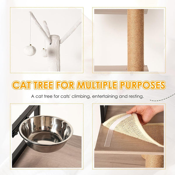 Cat Tree & Litter Box Enclosure,Modern All-In-One Indoor Cats Tower with Large Platform, Cat Condo with Wood House, Food Station, Hammocks (23.6”)7