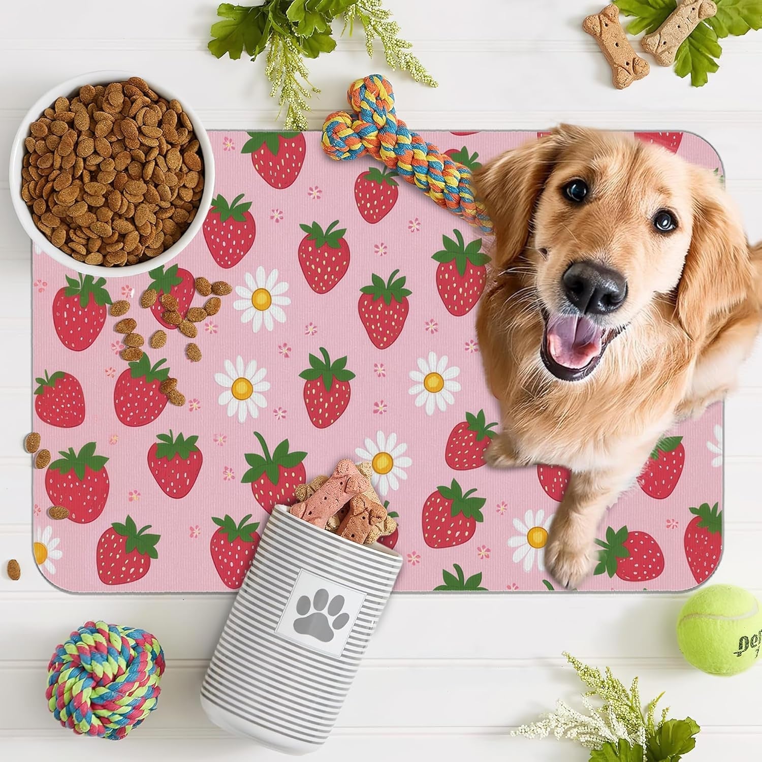 cute-strawberry-flower-dog-cat-food-mat-pink-absorbent-pet-feeding-mat-with-rubber-backing-non-slip-water-bowl-placemat-indoor-pet-accessories-supplies-12x20