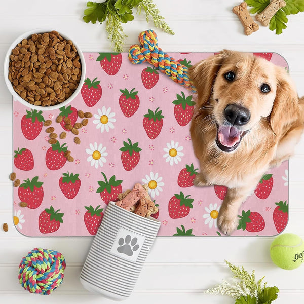 Cute Strawberry Flower Dog Cat Food Mat,Pink Absorbent Pet Feeding Mat with Rubber Backing,Non-Slip Water Bowl Placemat,Indoor Pet Accessories Supplies 12"X20"7