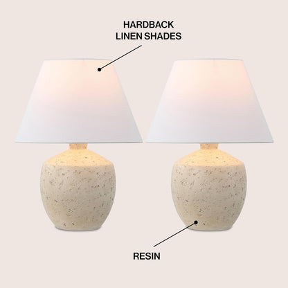Myron 18" Concrete Effect Table Lamp, Cream, Set of 2 | Minimalist Scandinavian Design, Resin and Gold Metal Base, White Linen Shade, LED Bulbs Included, Modern Bedside Light3