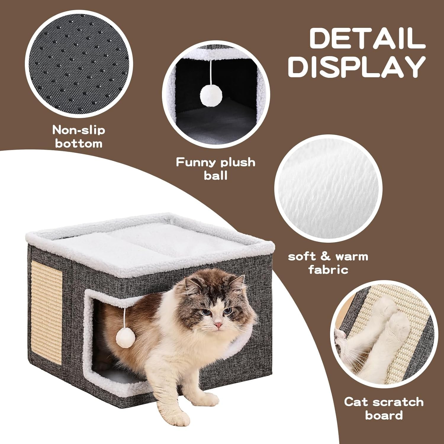 large-cat-houses-for-indoor-cats-with-fluffy-ball-and-scratch-pad-foldable-cat-bed-cave-for-multiple-pets-kitten-bed-for-all-seasons-non-slip-hold-up-to-30lbs-16x16x13inch-grey