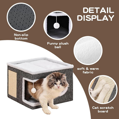 Large Cat Houses for Indoor Cats with Fluffy Ball and Scratch Pad | Foldable Cat Bed Cave for Multiple Pets, Kitten Bed for All Seasons, Non-Slip, Hold up to 30LBS, 16X16X13Inch, Grey7