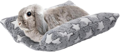 MEWTOGO 15.7" X 14" Bunny Bed for Rabbit Cage - Thickened Soft Prevent Sore Hocks Plush Mat with Cotton Lounger Pillows, Small Animal Flop Mat for Hutch Sleeping Indoor, Gray-Star1