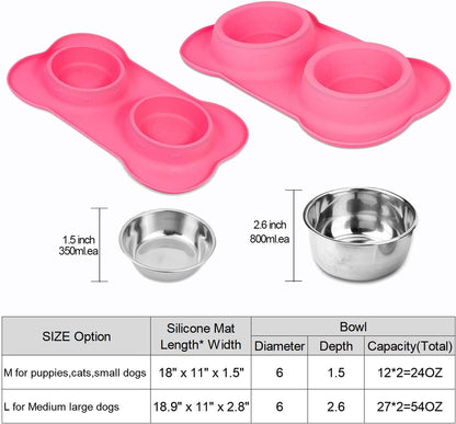 Asfrost Dog Food Bowls Stainless Steel Pet Bowls & Dog Water Bowls with No-Spill and Non-Skid, Feeder Bowls with Dog Bowl Mat for Dogs Cats and Pets-Pink, 24 0Z in Total4