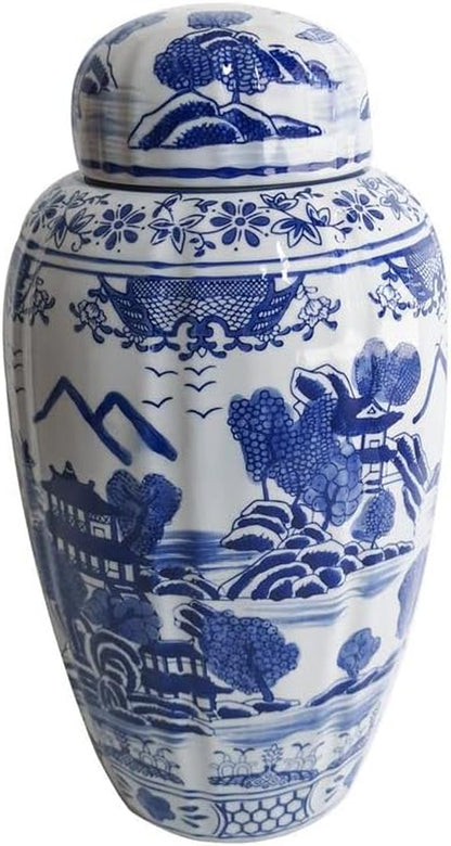 16" Blue and White Urn Style Ceramic Porcelain Ginger Jar Classic Temple Landscape Design Home Decor2